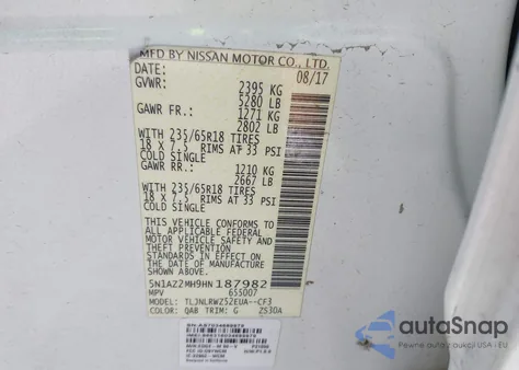 2017 Nissan Murano Sl z USA, uszkodzony, nr VIN 5N1AZ2MH9HN187982